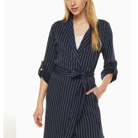 Aritzia Babaton New Kahlo Robe Sz XS Jacket Duster Pinstripe Navy Blue Corporate - Picture 1 of 15